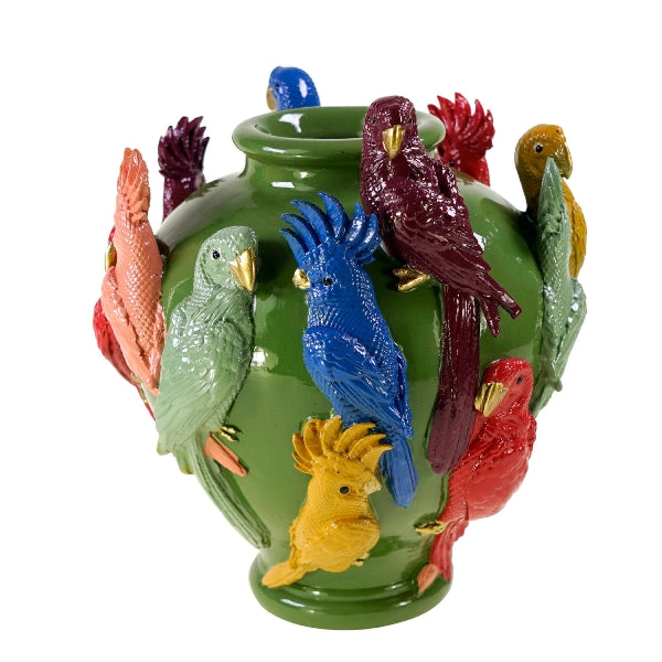 Werner Voß | Vaso con Pappagalli Verde in Poliresina 23x23x26 cm