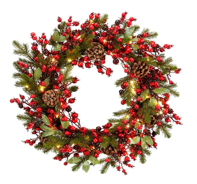 Fade Ghirlanda Redcherry con Bacche Pigne e con Luci Led Natale 2024