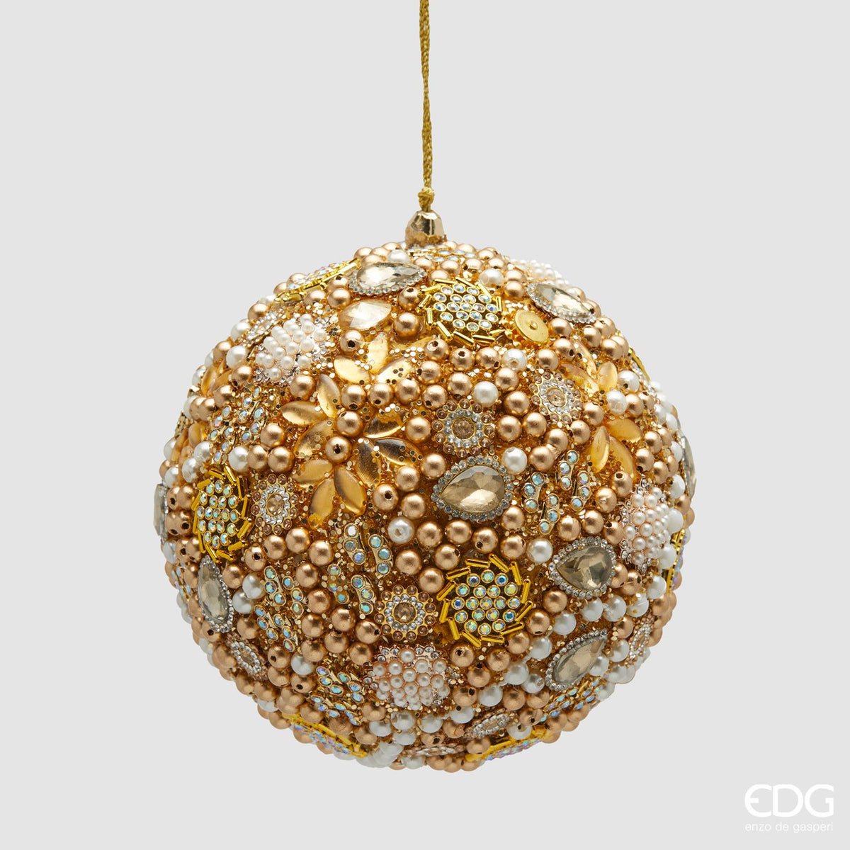 Pallina Per Albero Di Natale In Vetro Con Perle - Enzo De Gasperi - Diametro 10 Cm - Colore Champagne - Eleganza E Lusso