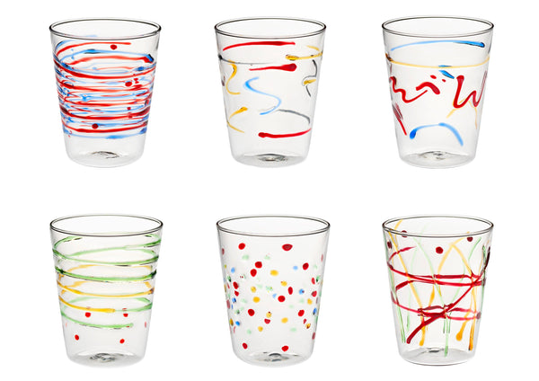 Set Bicchieri conici Carnival 6 pz.in vetro con decori Fatti a Mano Galbiati