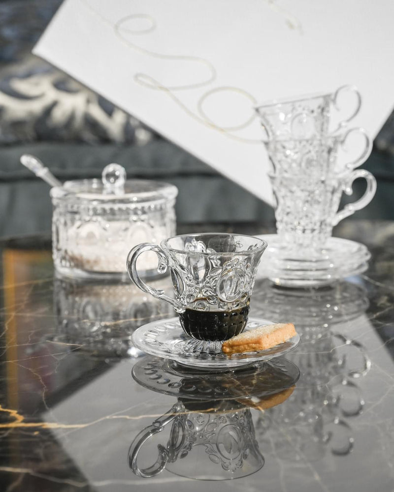 Set 4 tazzine Caffè + Zuccheriera con cucchiaino trasparente Baroque&R