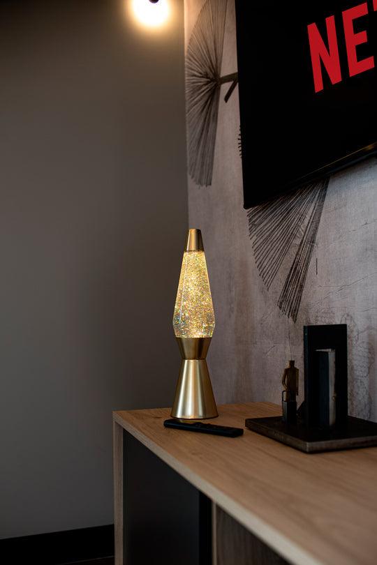 Lampada da Tavolo Lava Lamp Base Oro e Liquido Glitter Oro Fisura