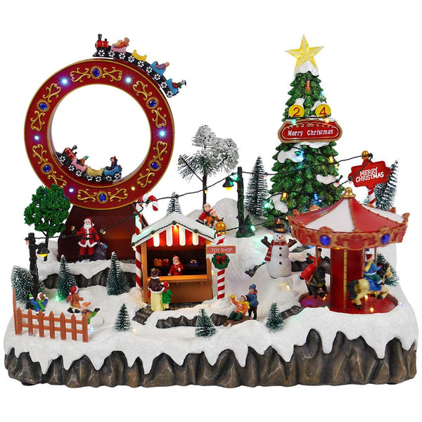 Timstor Carillon Villaggio con Giostra, Ferrovia e Pattinatori, Animato e con luci Led 🎄 Natale 2024